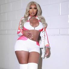 Contrast Color Long Sleeve Two Piece Shorts Set GFCF-1231