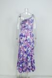 Plus Size Slash Neck Print Sling Fishtail Dress GHHE-23172