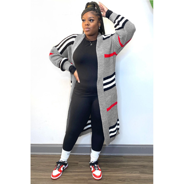 Plus Size Stripe Knits Long Coats QYXZ-9100