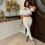 Holes Short-Sleeve T-Shirt Two-Piece Pants Set  YNSF-2683