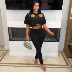 Holes Short-Sleeve T-Shirt Two-Piece Pants Set  YNSF-2683