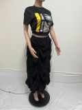 Plus Size Print Short Sleeve T Shirt Drawstring Skirt 2 Piece Set QYXZ-9171