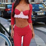Polka Dot Print Halterneck Tie Seven-Tenth Pant Three-Piece Set GOLB-SU4228