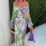 One-Shoulder Tie-Dye Print Strapless Dress+Shawl 2 Piece Set GHHE-28431