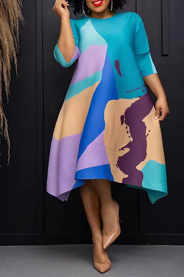 Print 3/4 Sleeve Loose Midi Dress QYXZ-9135