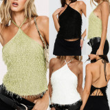 Fur Sequin Halterneck Sleeveless Tank Tops GOLB-SU4256