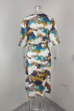 Plus Size Print Tie Up V Neck Long Dress GHHE-28747
