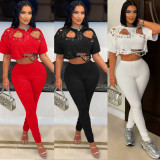 Holes Short-Sleeve T-Shirt Two-Piece Pants Set  YNSF-2683