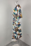 Plus Size Print Tie Up V Neck Long Dress GHHE-28747