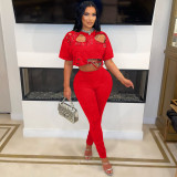 Holes Short-Sleeve T-Shirt Two-Piece Pants Set  YNSF-2683