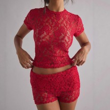Lace Short Sleeve T Shirt Shorts 2 Piece Set GOLB-SU4238