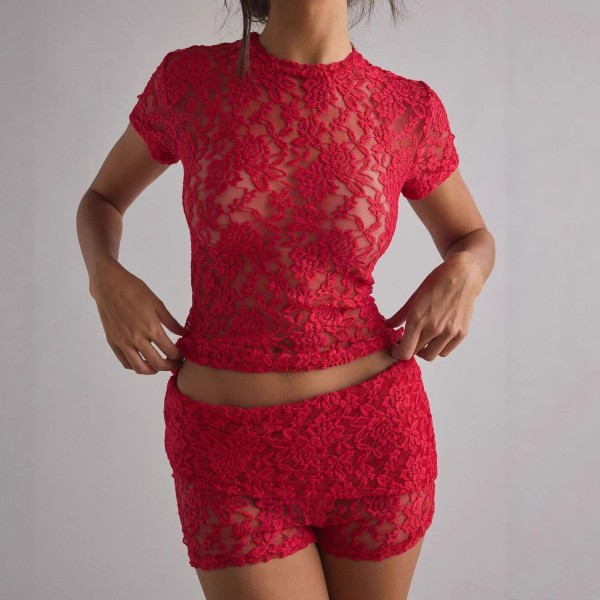 Lace Short Sleeve T Shirt Shorts 2 Piece Set GOLB-SU4238