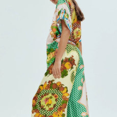 Plus Size Color-Block Print Top And Wide-Leg Pants Two-Piece Set GHHE-28065