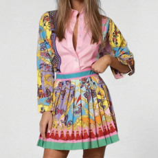 Plus Size Print Long Sleeve Shirt Two Piece Skirts Set GHHE-29195