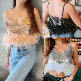 Deep V Neck Feather Edge Sequin Sling Vest GOLB-SU4255