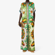 Plus Size Color-Block Print Top And Wide-Leg Pants Two-Piece Set GHHE-28065