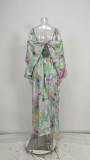 One-Shoulder Tie-Dye Print Strapless Dress+Shawl 2 Piece Set GHHE-28431
