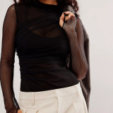 Solid Color Mesh Ruched Long Sleeve Bodysuit GOLB-SU4216