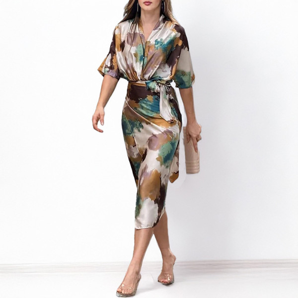 Plus Size Print Tie Up V Neck Long Dress GHHE-28747