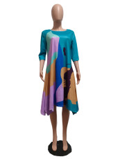 Print 3/4 Sleeve Loose Midi Dress QYXZ-9135