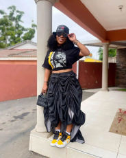 Plus Size Print Short Sleeve T Shirt Drawstring Skirt 2 Piece Set QYXZ-9171