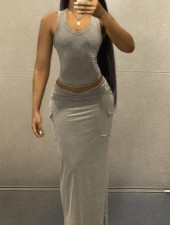 Casual Solid Color Tank Top Two Piece Skirts Set GFCF-1216