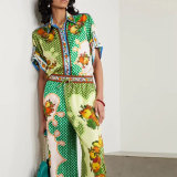 Plus Size Color-Block Print Top And Wide-Leg Pants Two-Piece Set GHHE-28065