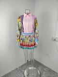 Plus Size Print Long Sleeve Shirt Two Piece Skirts Set GHHE-29195