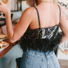 Deep V Neck Feather Edge Sequin Sling Vest GOLB-SU4255