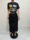 Plus Size Print Short Sleeve T Shirt Drawstring Skirt 2 Piece Set QYXZ-9171