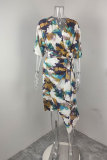Plus Size Print Tie Up V Neck Long Dress GHHE-28747