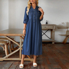 Plus Size Denim Stand Collar Button-Up Long Sleeve Dress GDAM-218523