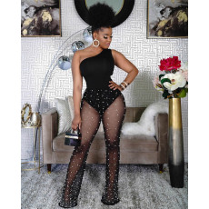 Slash Neck Mesh Patchwork Print Jumpsuit QYXZ-9921