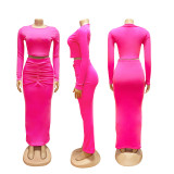 Long Sleeve Ruched Solid Two Piece Skirts Set SFY-828