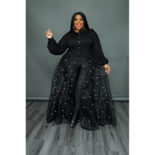 Plus Size Pearl Mesh Panel Maxi Dress QYXZ-99961