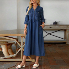 Plus Size Denim Stand Collar Button-Up Long Sleeve Dress GDAM-218523