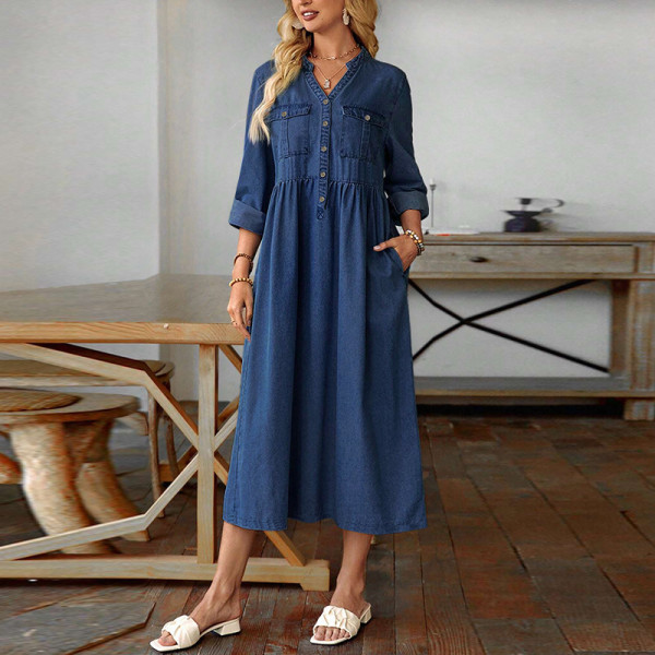 Plus Size Denim Stand Collar Button-Up Long Sleeve Dress GDAM-218523