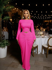 Long Sleeve Ruched Solid Two Piece Skirts Set SFY-828