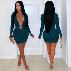 Deep V Neck Long Sleeve Bodycon Dress GZIY-6372