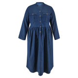 Plus Size Denim Stand Collar Button-Up Long Sleeve Dress GDAM-218523