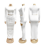 Long Sleeve Ruched Solid Two Piece Skirts Set SFY-828