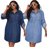 Plus Size Loose Lapel Denim Midi Dress GDAM-218638