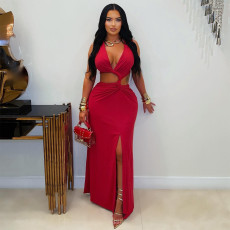 Hollow-Out Twist Deep V-Neck Split Evening Dress GZIY-6351