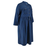 Plus Size Denim Stand Collar Button-Up Long Sleeve Dress GDAM-218523