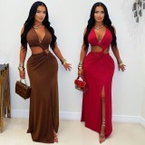 Hollow-Out Twist Deep V-Neck Split Evening Dress GZIY-6351