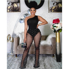 Slash Neck Mesh Patchwork Print Jumpsuit QYXZ-9921