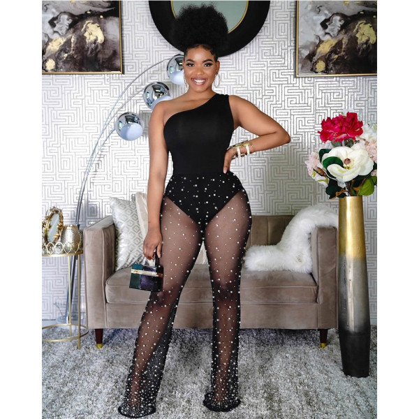 Slash Neck Mesh Patchwork Print Jumpsuit QYXZ-9921