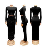 Long Sleeve Ruched Solid Two Piece Skirts Set SFY-828