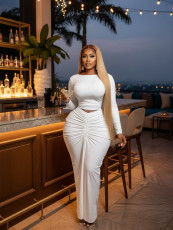 Long Sleeve Ruched Solid Two Piece Skirts Set SFY-828