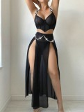 Mesh See Through Split Lingerie Three Piece Skirt Set YQ-W874